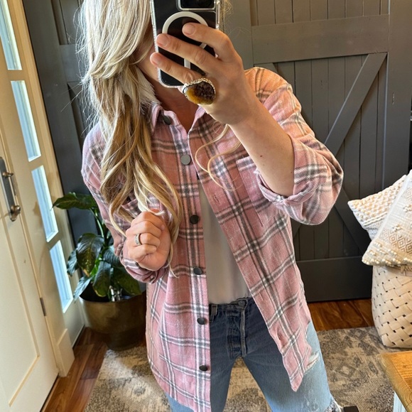 New Plaid Pink Stripe Oversized Flannel Top Shacket Button Front Shirt Top - Picture 3 of 8